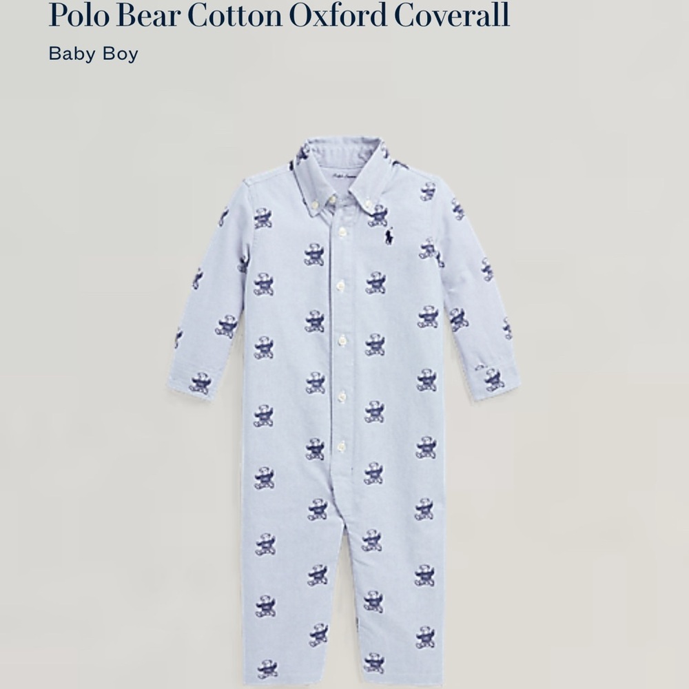 NWT- Ralph Lauren Kids Blue Sitting Bear Cotton Oxford Coverall